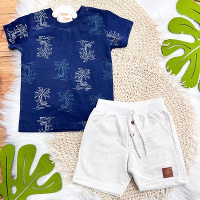  Conj. Camiseta Coqueiro e Bermuda em Linho - Marinho